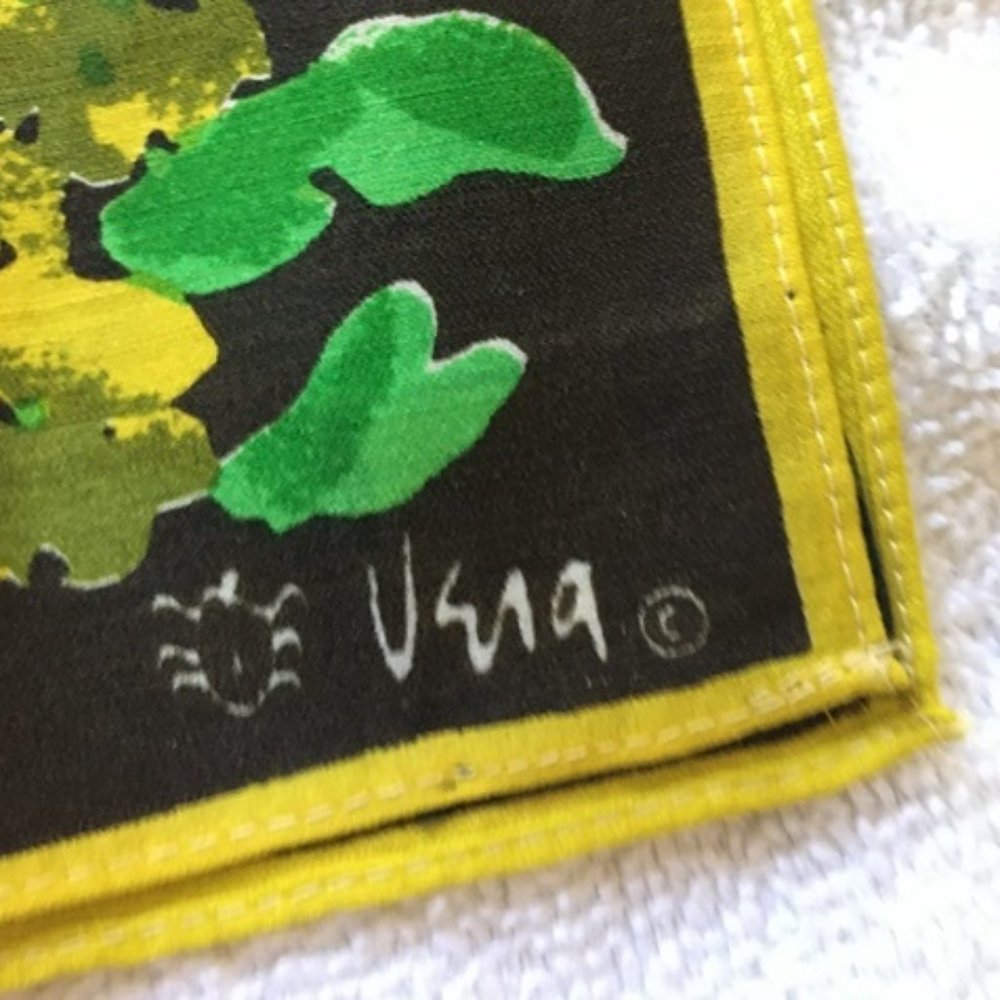 Vintage Vera Neumann Green Gold Flowers CoCo Background Wool Silk Neck Scarf